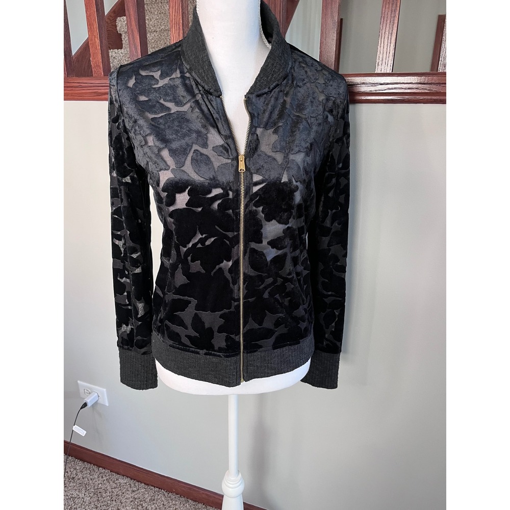 Lucky Brand Womens Small Black Burnout Velvet Floral Bomber Jacket Sheer Zip Up